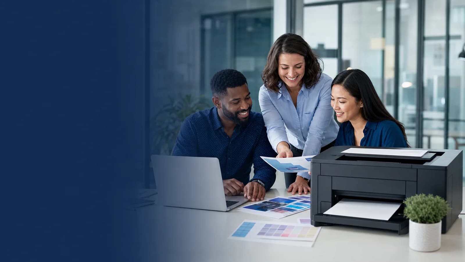 Professionals collaborating around a generic office printer