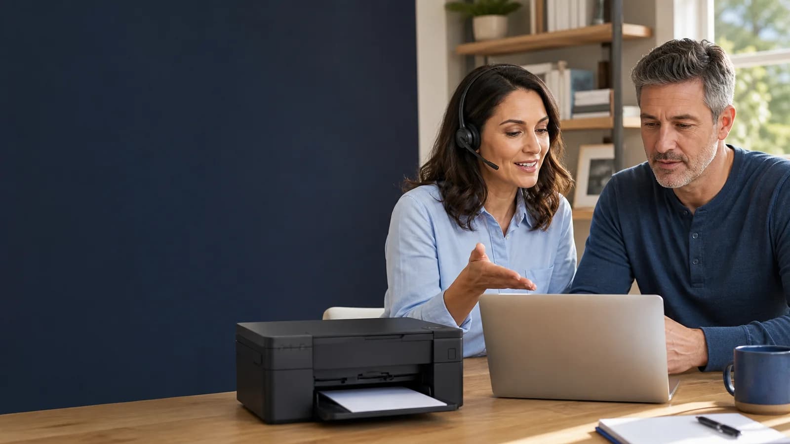 Adult customer receiving independent printer setup guidance in a home office